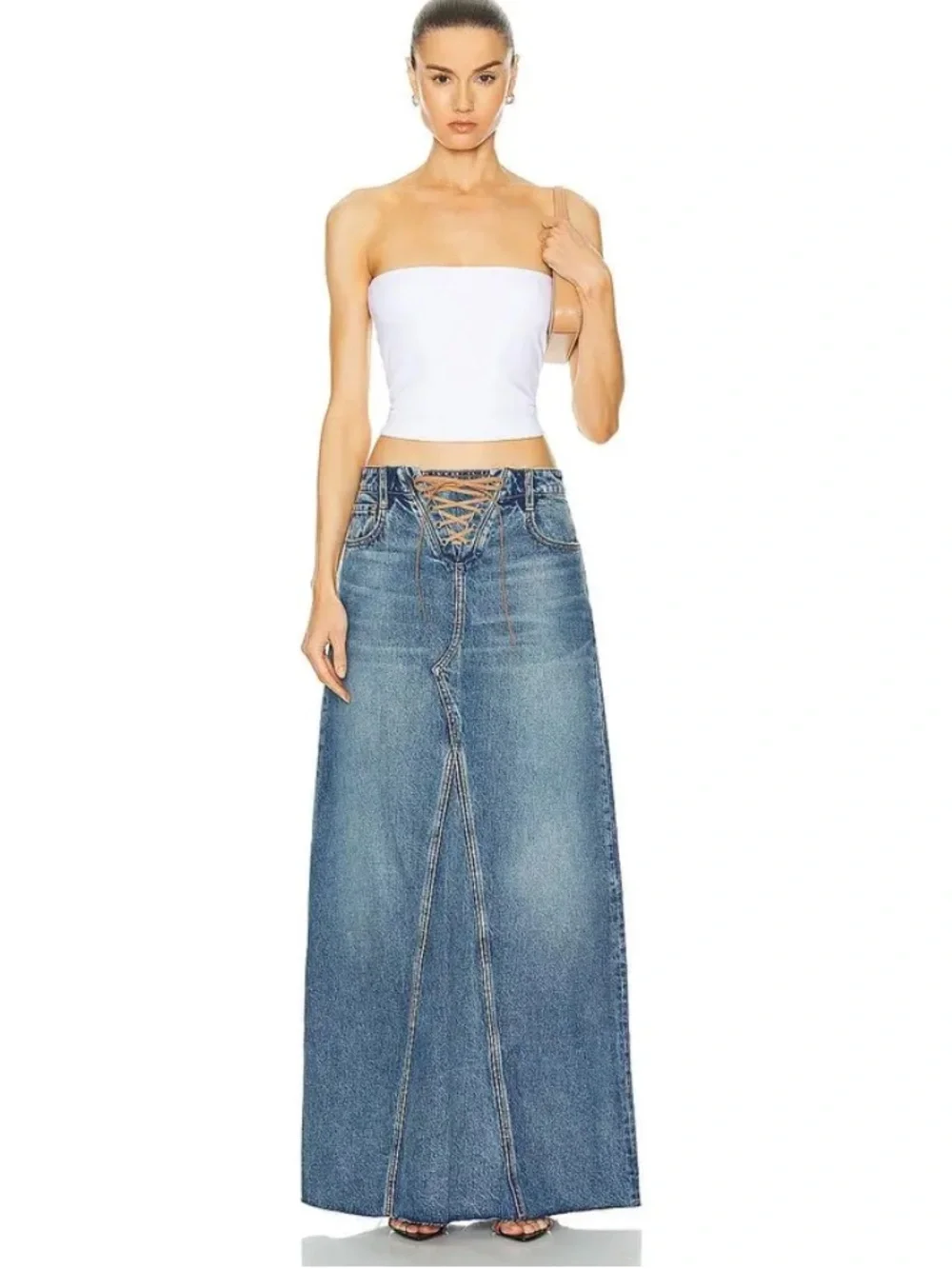 GRLFRND Indira Laced Maxi Skirt Nashville Denim Maxi blue Revolve NWT 27